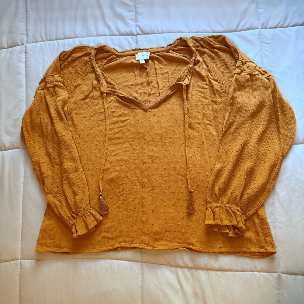 Wonderly Mustard Yellow Textured V-Neck Top Size XL With Tassels